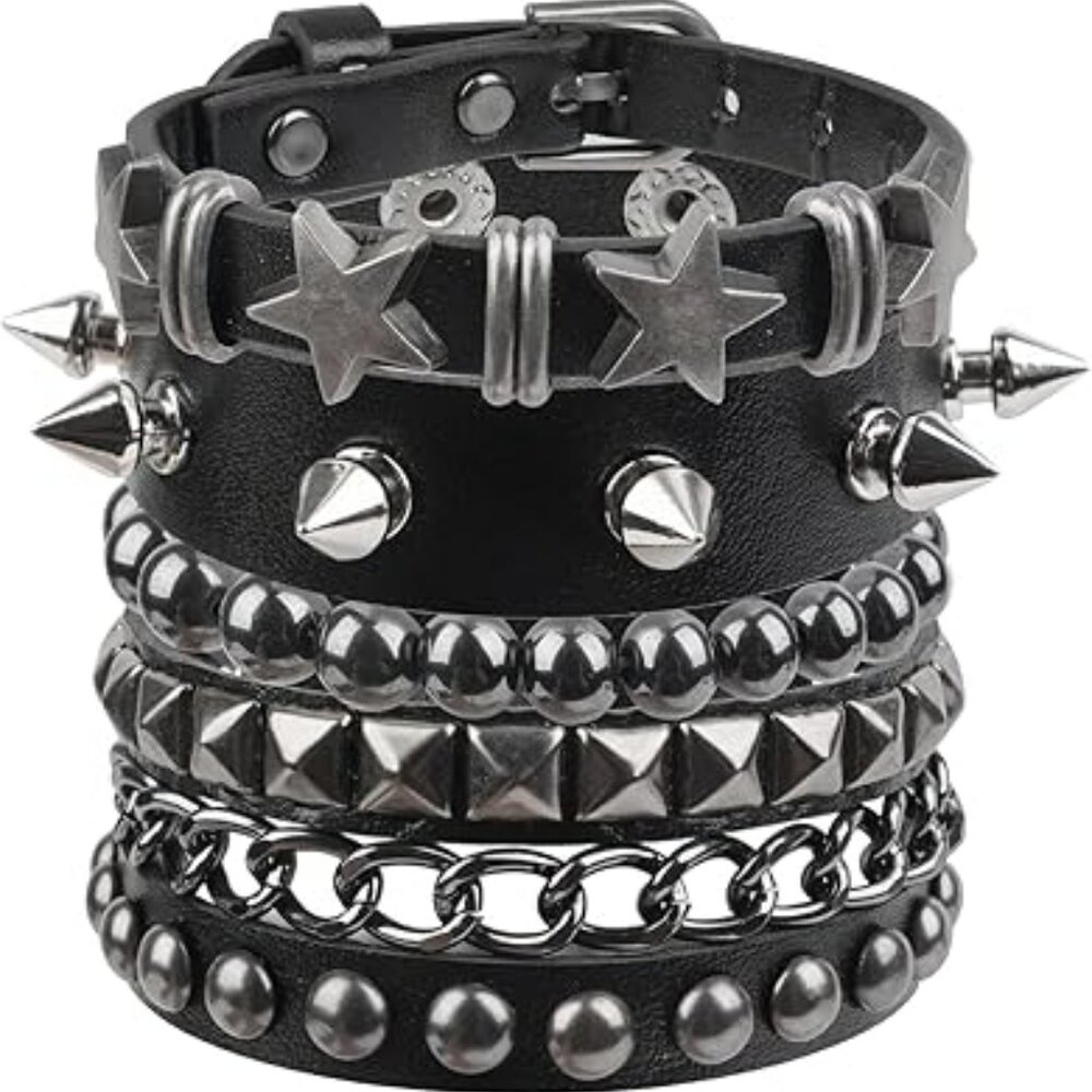 Goth Punk Rock Studded Bracelet Set Leather Cuff Black Bracelet